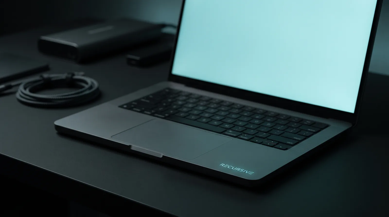 An open MacBook Pro on a dark desk with a glowing Recursive wordmark on the lid, illustrating the 48GB Mac requirement for Flint int4