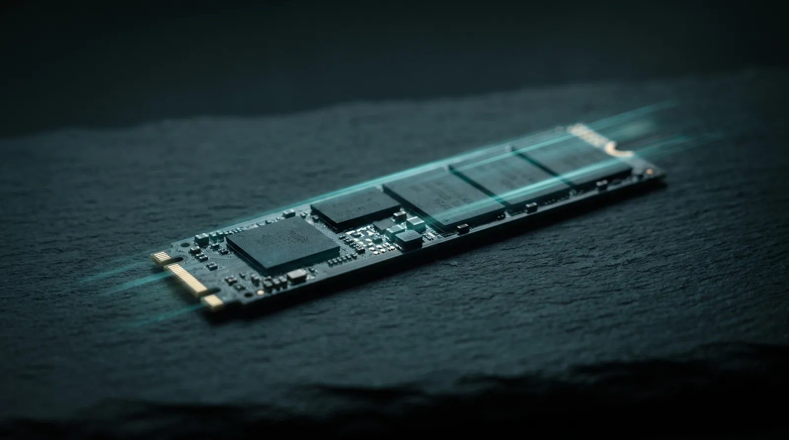 An M.2 NVMe solid state drive on a dark surface with light streaking along it, the disk a 744B model streams its experts from