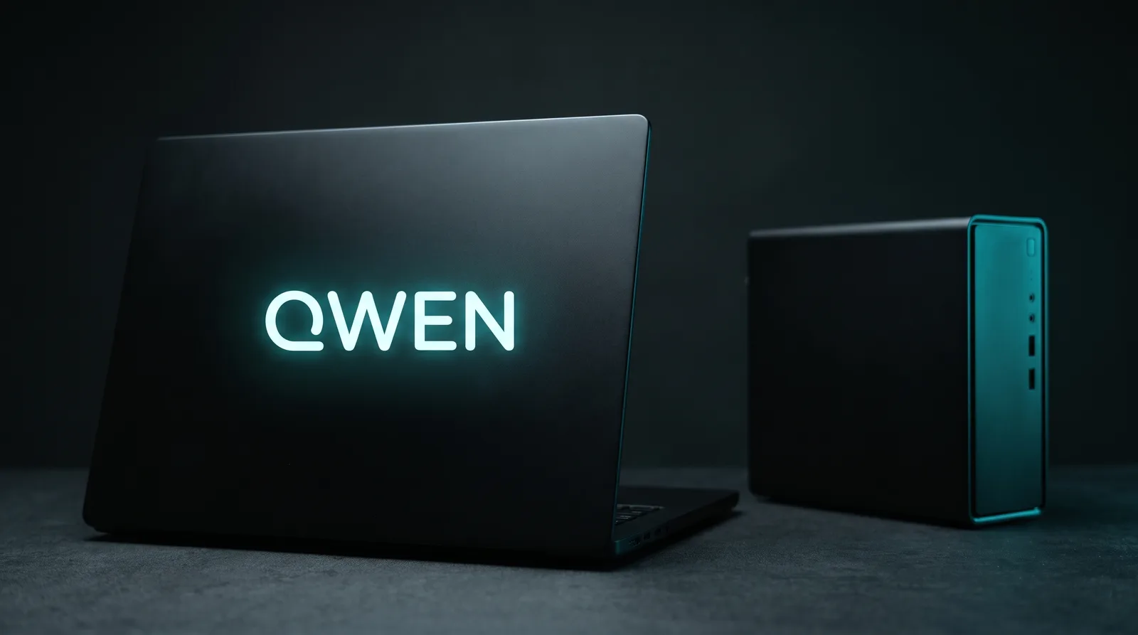 Qwen3.8-27B running locally on a laptop and a compact workstation with the Qwen logo, showing the 24GB class in a calm desk scene