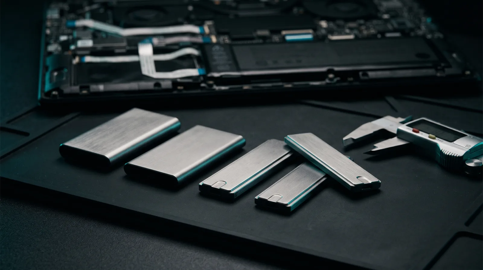 Four brushed-steel SSD cartridges of decreasing thickness lined up on an anti-static mat with a caliper, standing for the 16.1 GB and 17.5 GB quantization sizes.