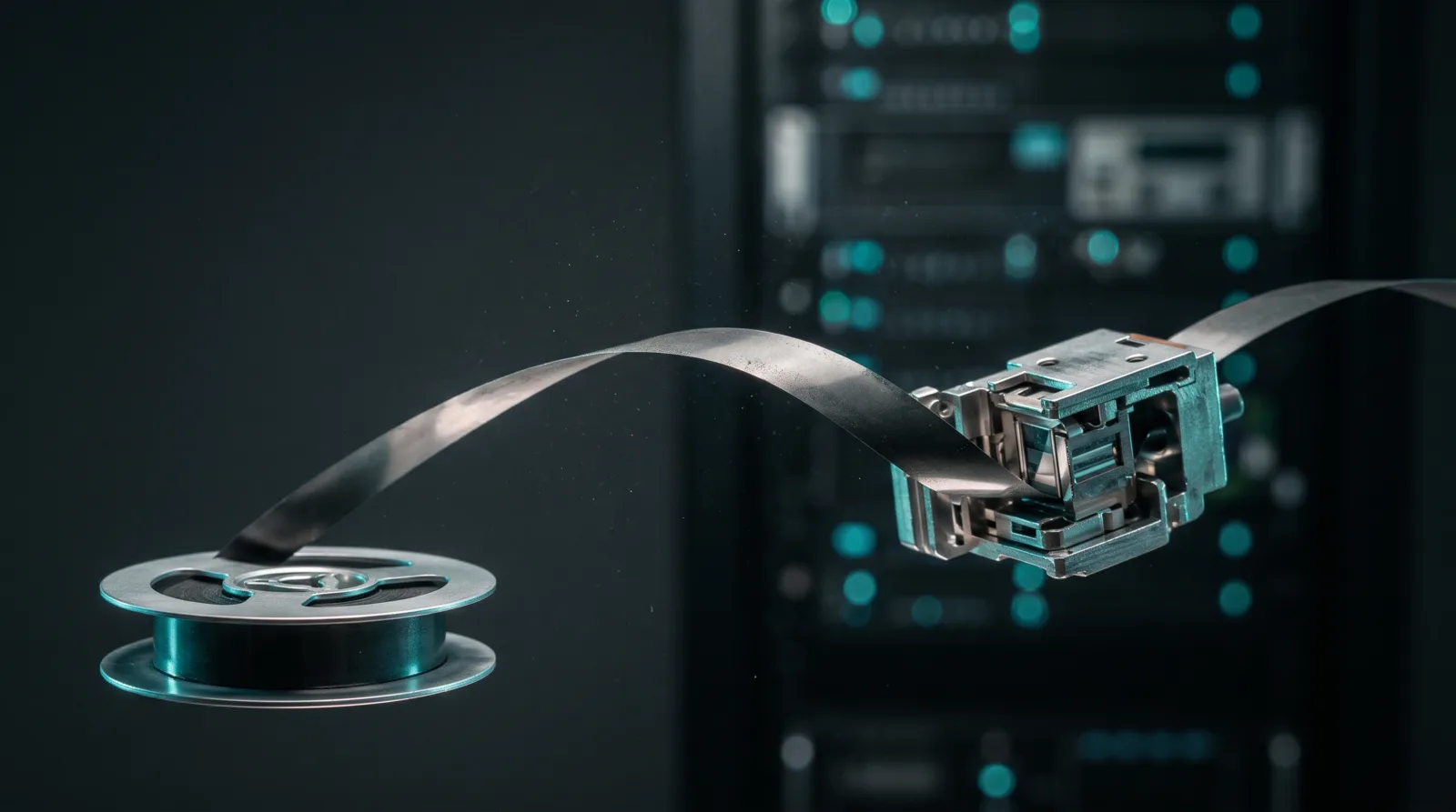 A strip of magnetic tape threading through a compact machined feed head beside an open reel, standing for the per-token key-value cache of the model's full-attention layers.