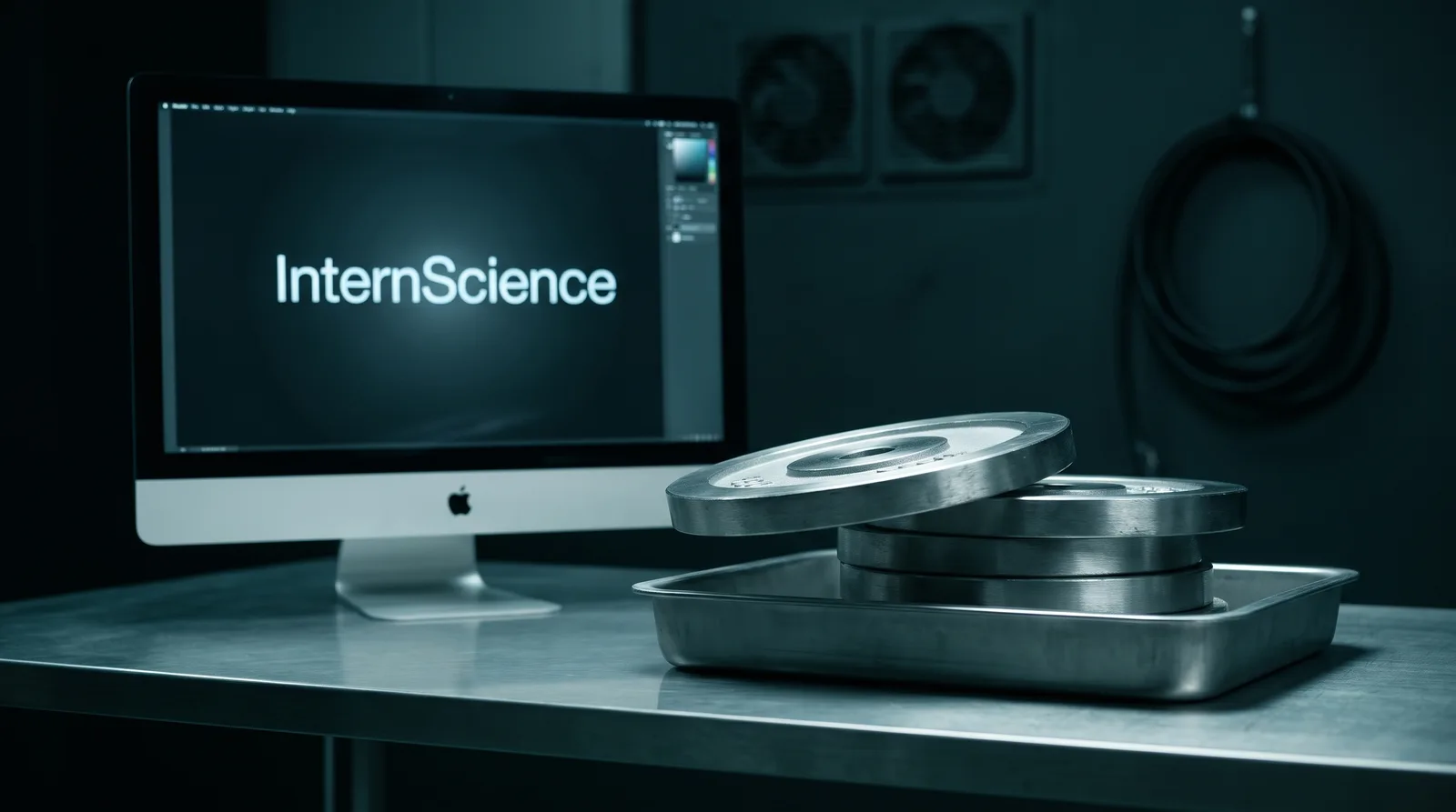 A compact silver Mac on a dark workbench beside a steel tray whose stack of metal weight plates overhangs the edge, illustrating that the Q4 weights do not fit a 24GB Mac.