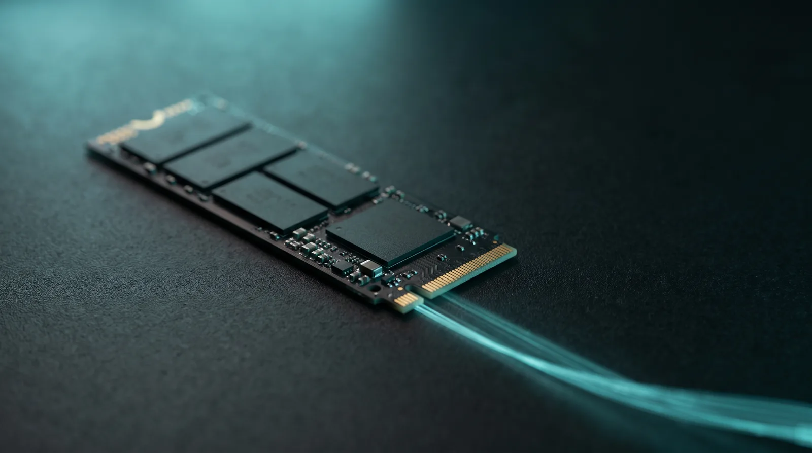 Close-up of an NVMe SSD streaming data, illustrating SlotStream's expert streaming from disk