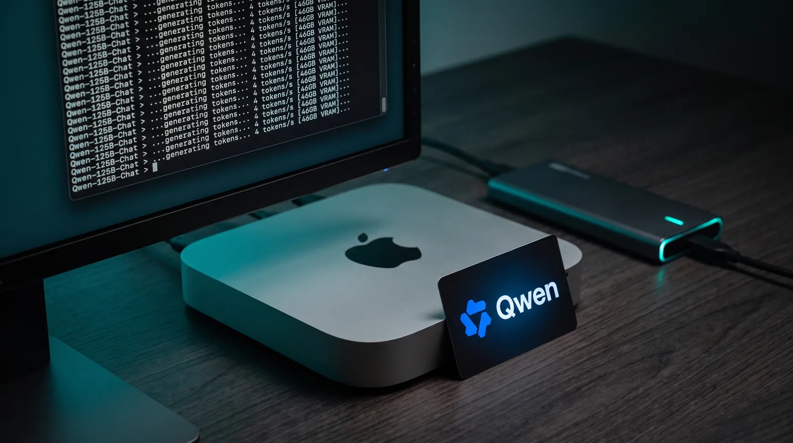 A Mac mini running Qwen3.8-Flash-Next through SlotStream, streaming a 125B model from an NVMe SSD