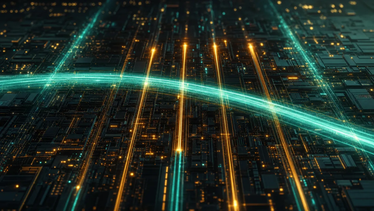 Aerial render of a circuit board as a glowing city grid where several scout light-trails race ahead while one wide beam verifies them all at once, a visual metaphor for speculative decoding