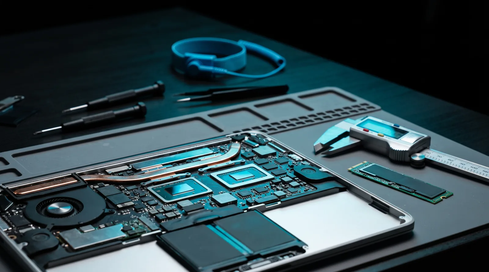 An opened MacBook Pro chassis on a repair bench showing its unified memory packages and heat pipes beside a pair of calipers.