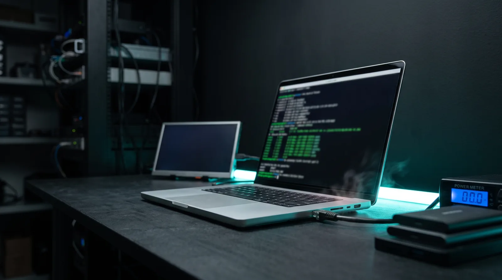 A MacBook Pro under load on a dark test bench with its screen glowing and an external display and ethernet cable beside it.