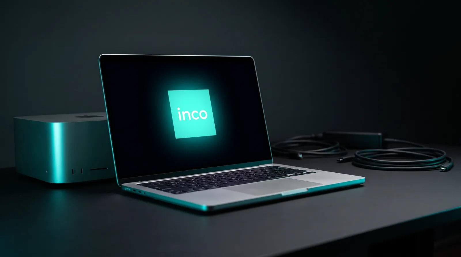 An open MacBook Pro with the Inco wordmark glowing on its screen sitting beside a Mac Studio on a dark desk under cyan-teal light.