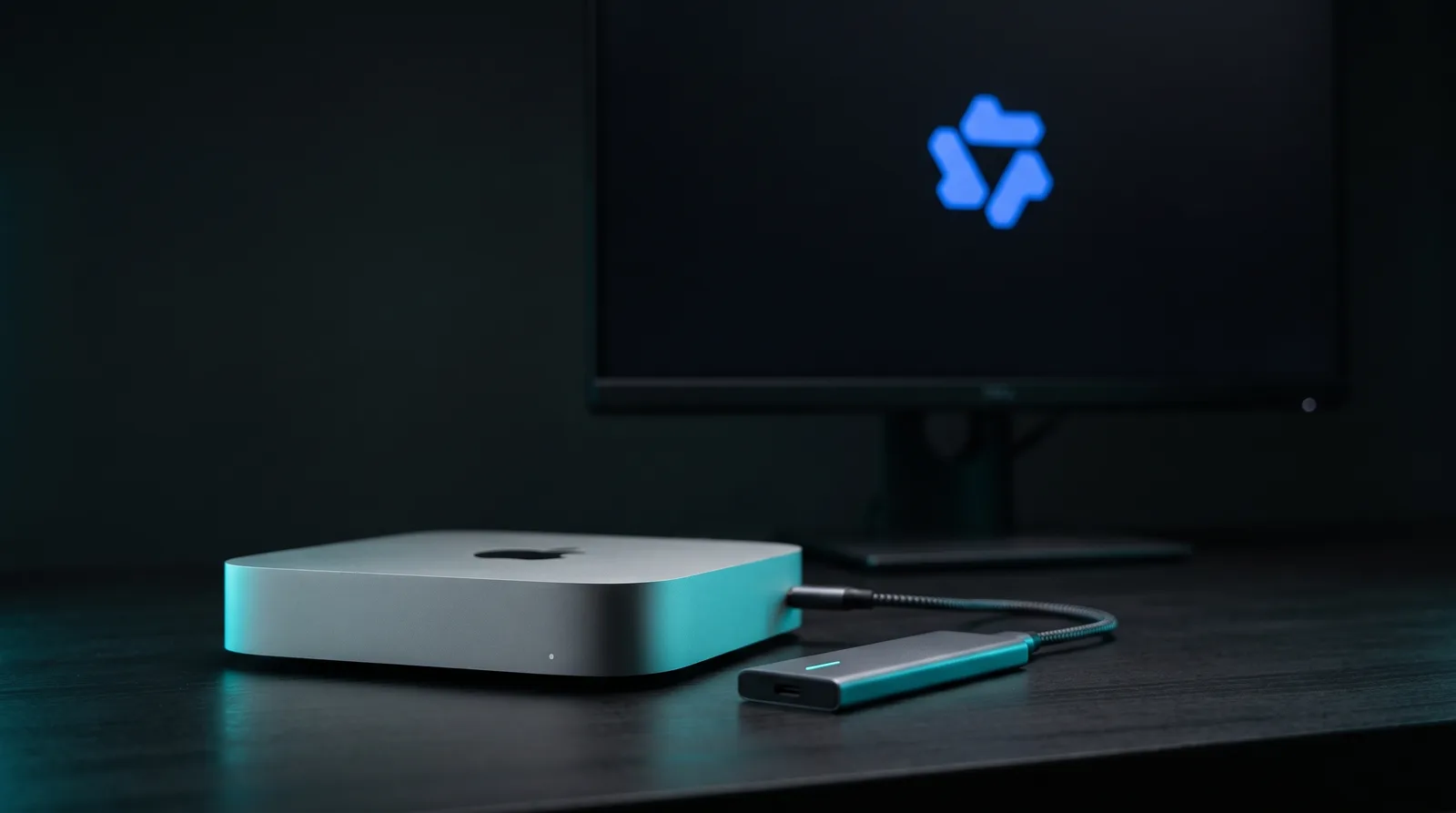 Mac mini on a dark desk next to a slim external SSD with a cyan-teal activity light, a Qwen logo on the monitor behind it