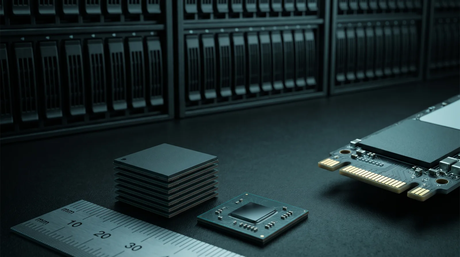 Macro scene of a tiny silicon core beside an NVMe SSD connector and metal ruler on black, showing dense-core-resident versus streamed expert layout
