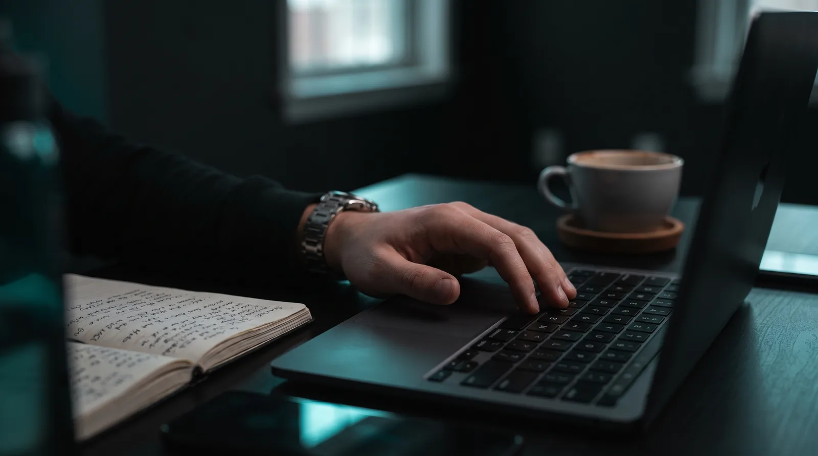 Dim low-angle view of a hand resting on a MacBook keyboard beside a wristwatch and notebook, evoking slow 4.5 tokens per second generation and disk endurance concerns