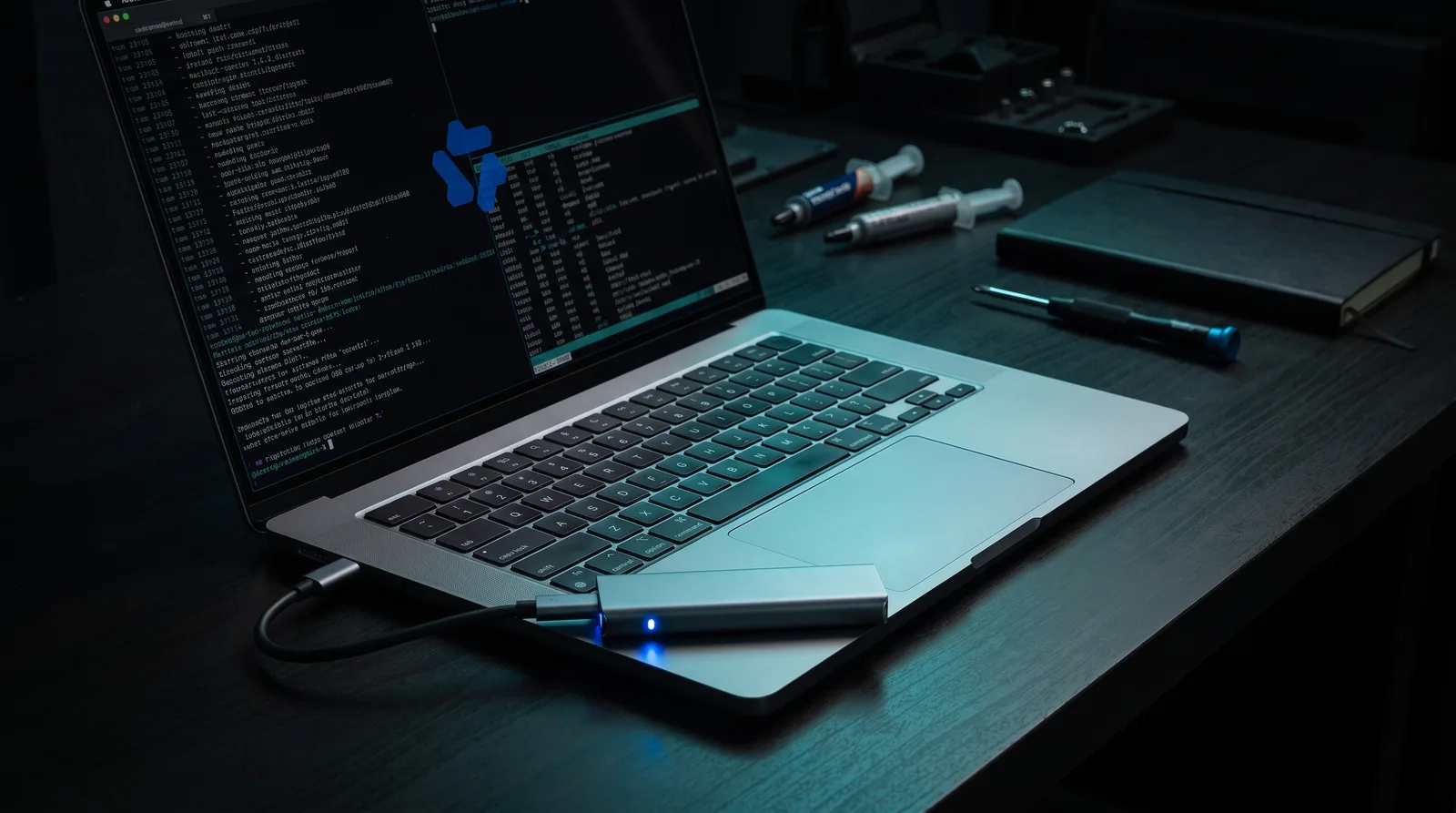 Open MacBook on a dark desk beside a slim external NVMe SSD glowing with cyan-teal activity light, illustrating 80B expert streaming from disk