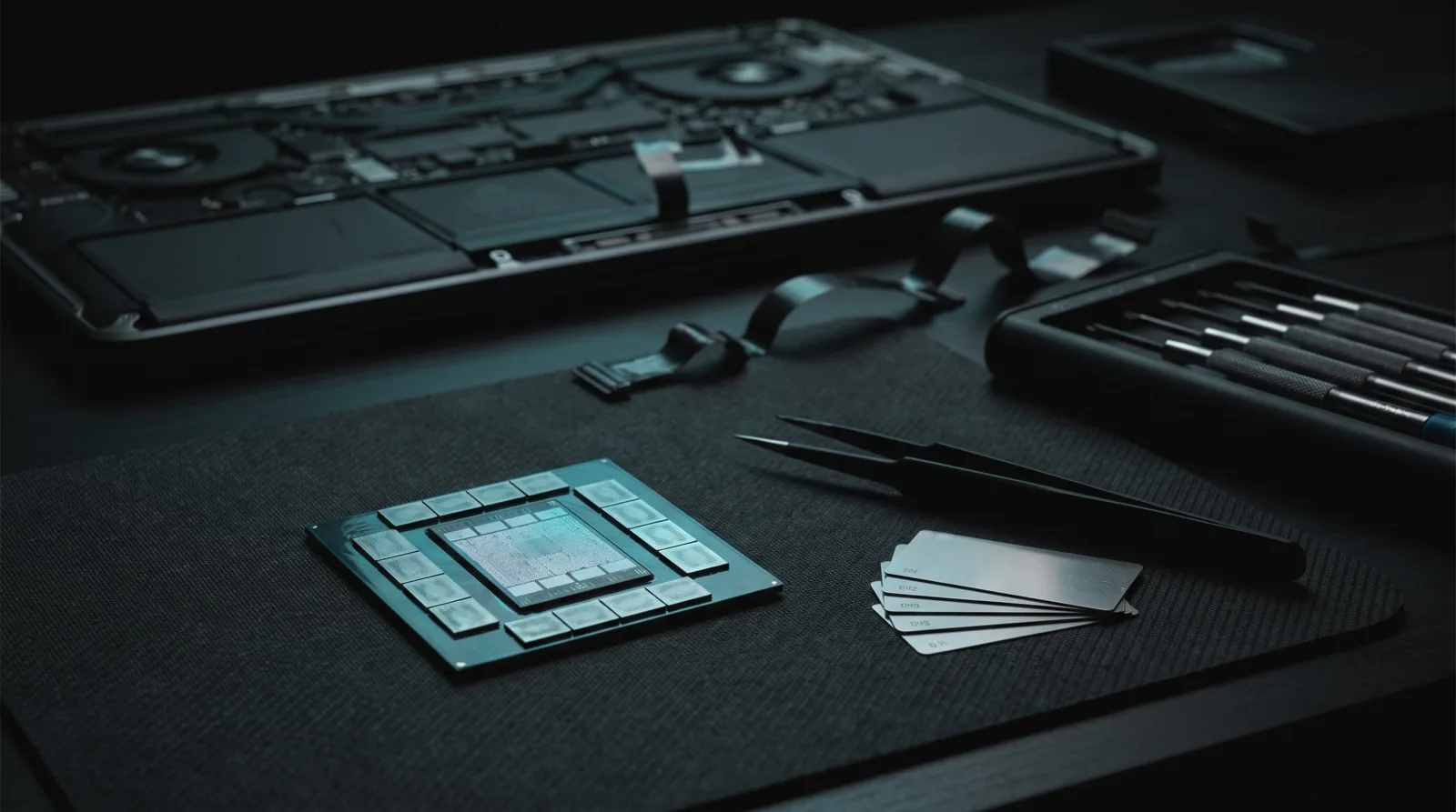 Close-up of a bare Apple Silicon chip package with unified memory dies on an anti-static tray, tweezers and graded metal shims beside it under cyan-teal light.