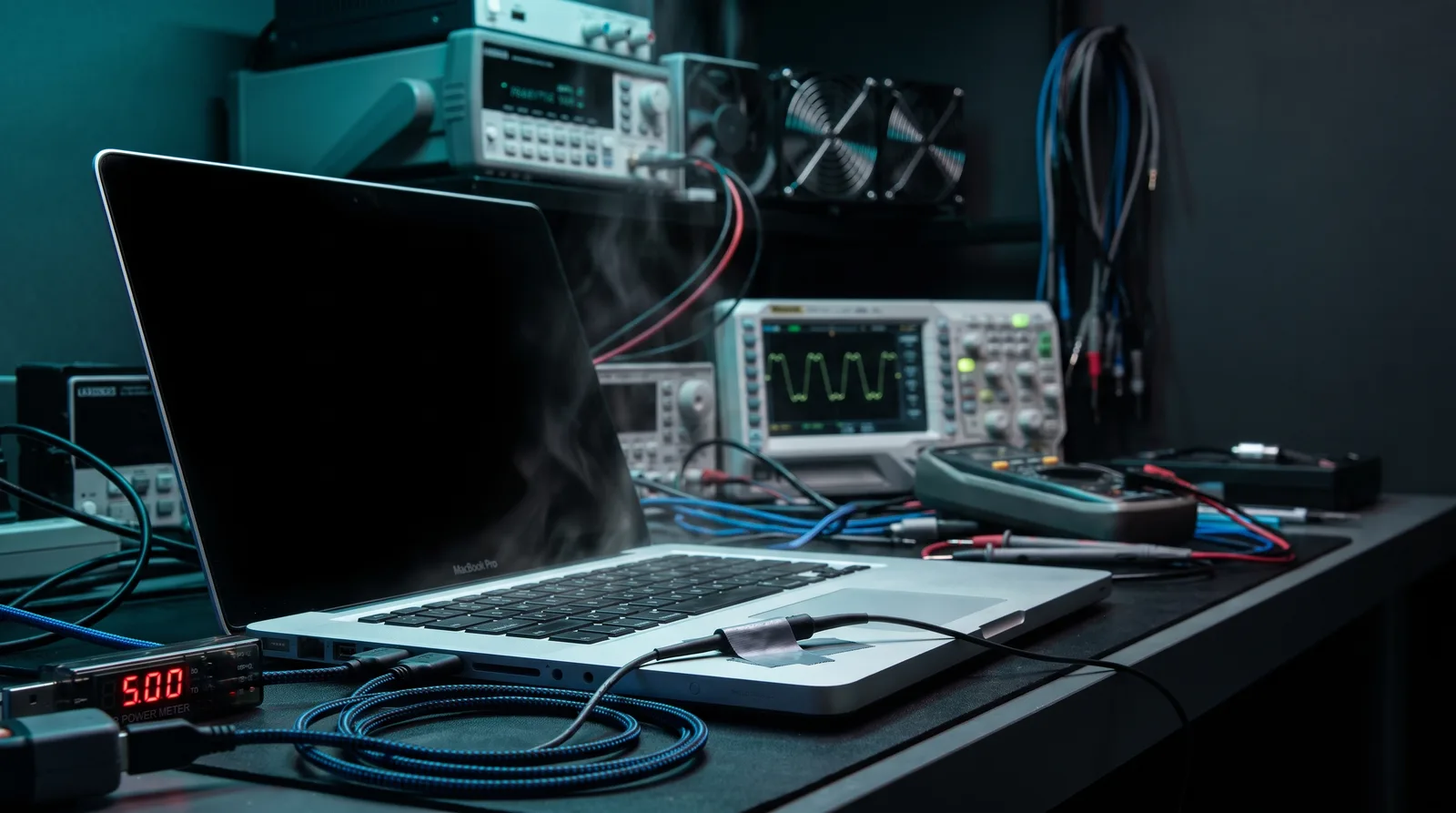 MacBook Pro under load on an instrumented test bench with a thermal probe on its chassis, power meter and cables in a dark measurement rack.