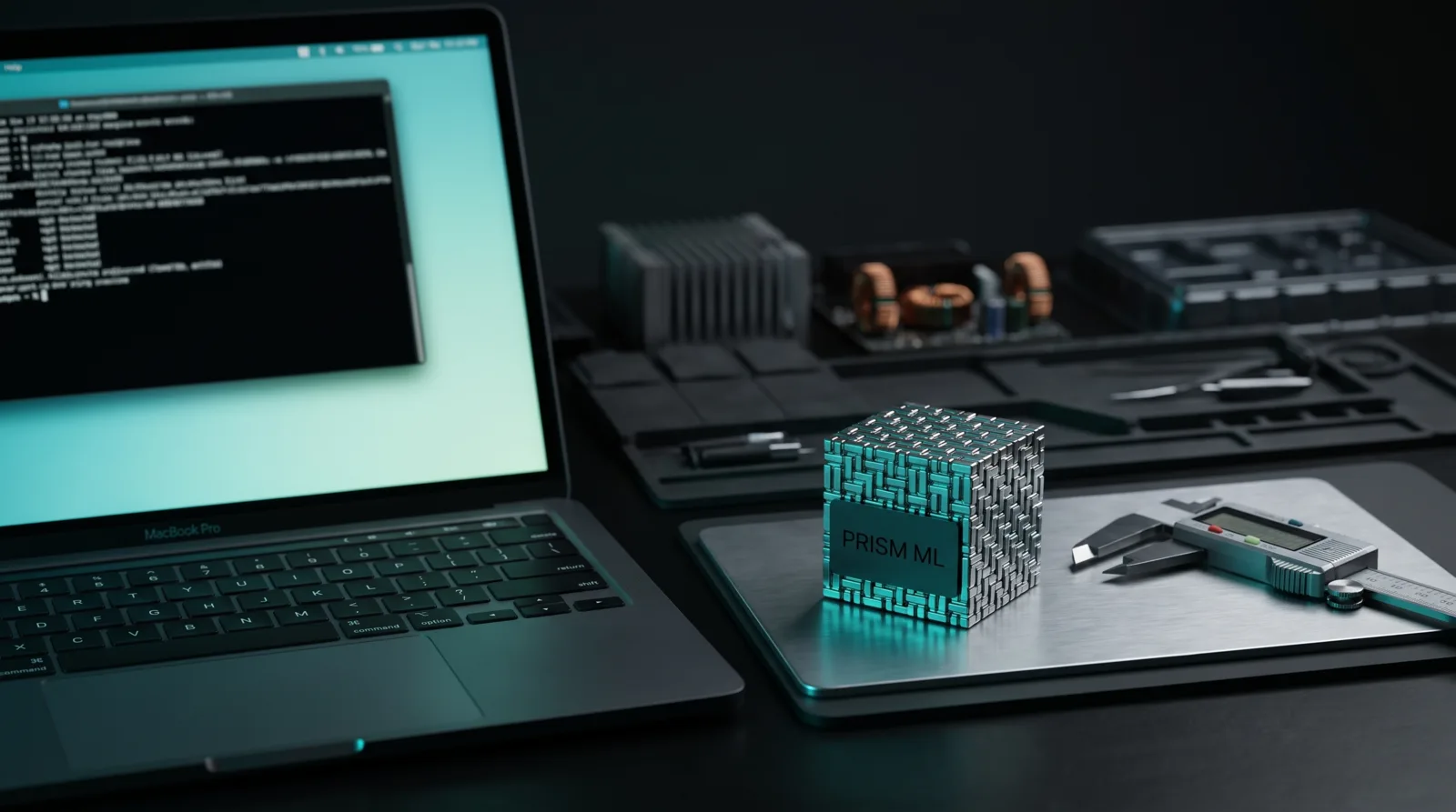 Open MacBook Pro glowing cyan-teal on a dark workbench next to a small dense cube of three-state metallic trits and a caliper, with a PRISM ML label on the cube.