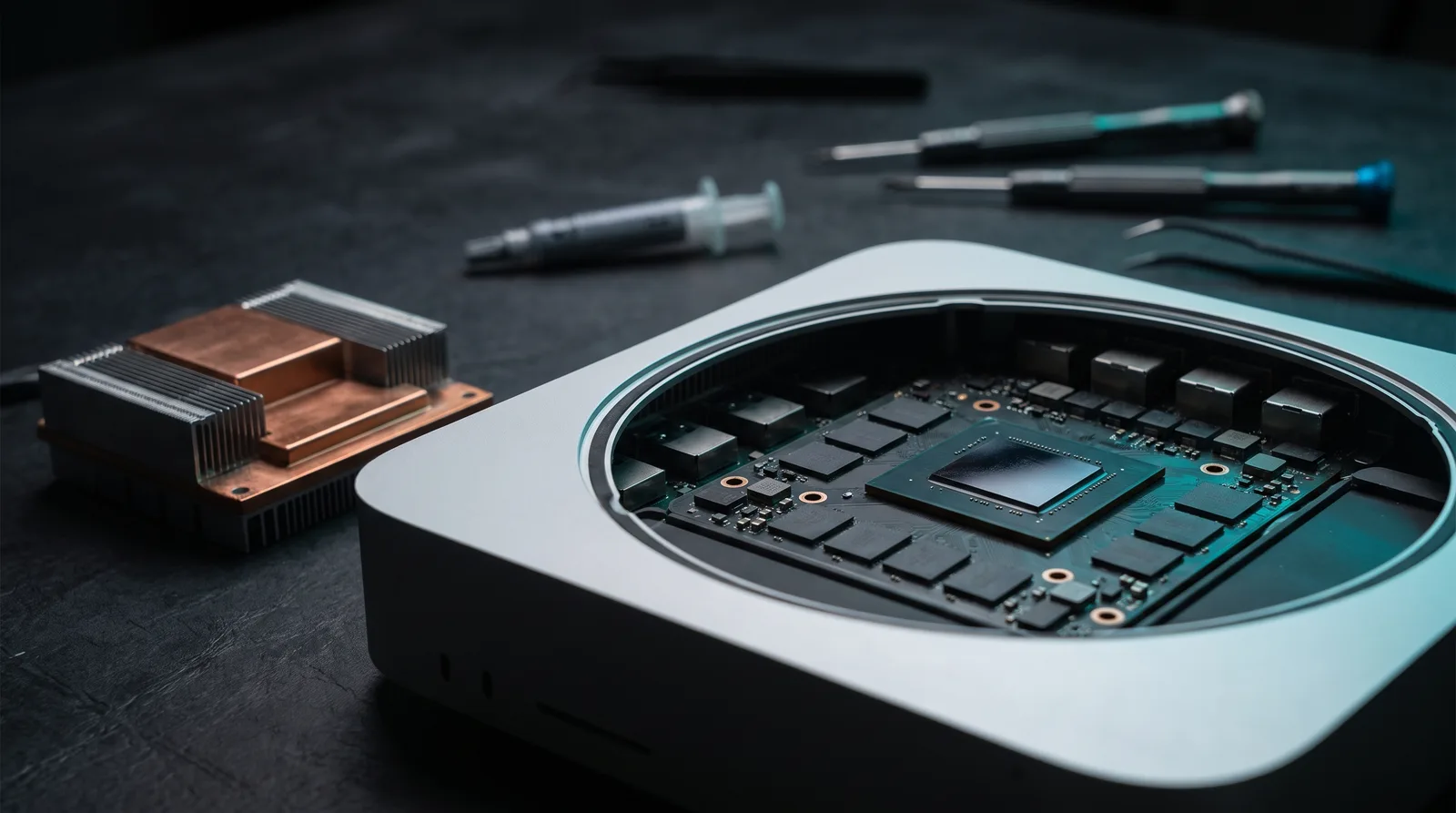 An opened Mac Studio chassis on a workbench with its SoC and unified memory package exposed under cyan-teal light