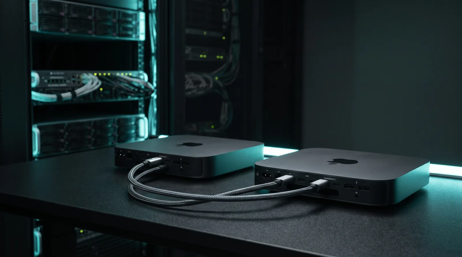 Two Mac minis on a dark desk joined by a single Thunderbolt cable under cyan-teal lighting