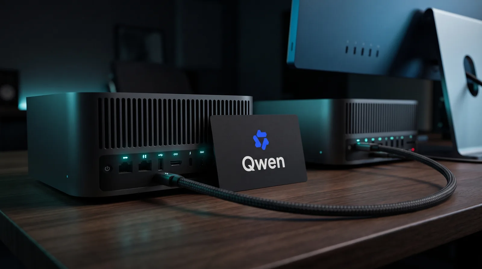 A Mac Studio on a dark desk with a Thunderbolt cable running to a second Mac, lit by cyan-teal rim light
