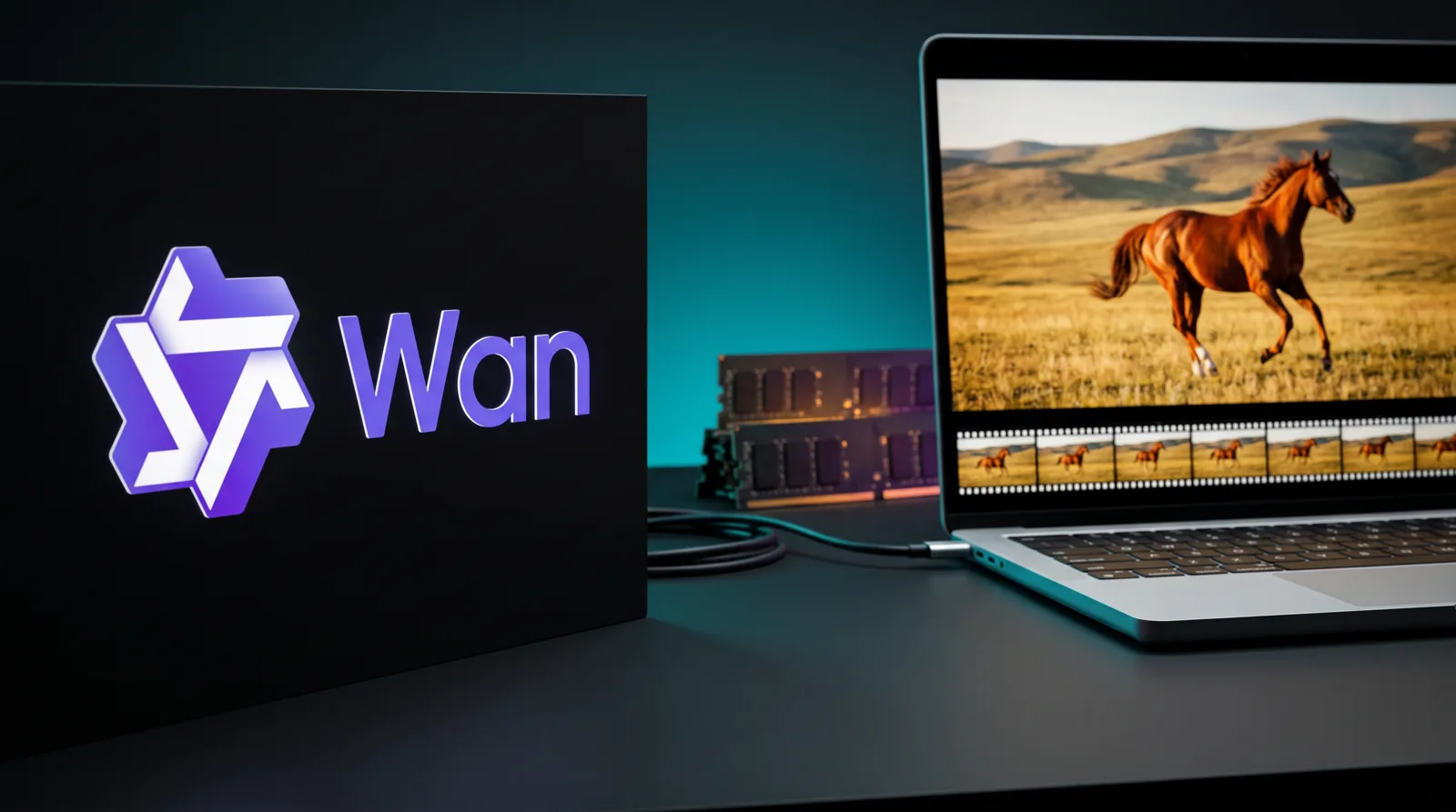 Illuminated Wan logo on a black panel beside an open laptop showing a chestnut horse video frame and a film strip, with memory modules glowing behind it