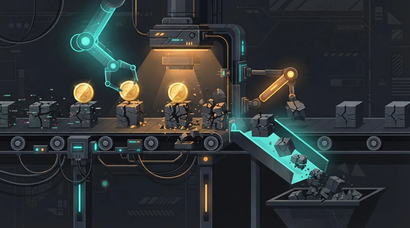 An automated quality gate stamping gold medals onto cracked, pixelated cubes on a conveyor belt, while a rejection chute diverts the most broken ones