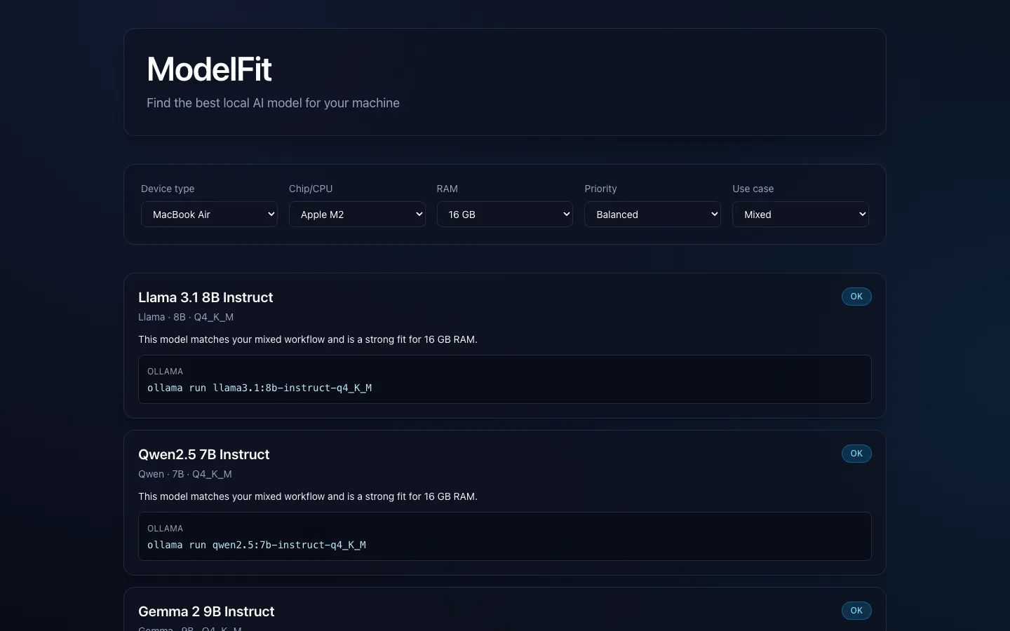 ModelFit first build page as it looked on Feb 19, 2026